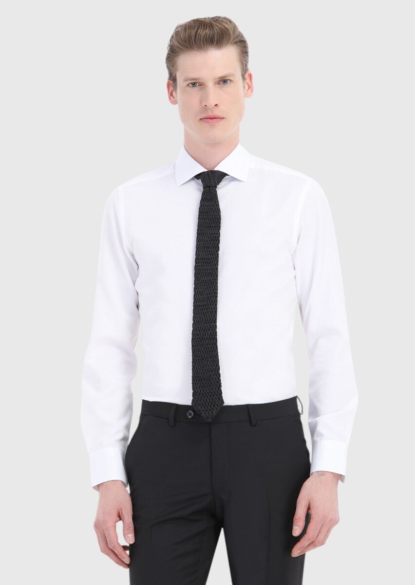 White Plain Slim Fit Weaving Classical Cotton Blended Shirt - 1