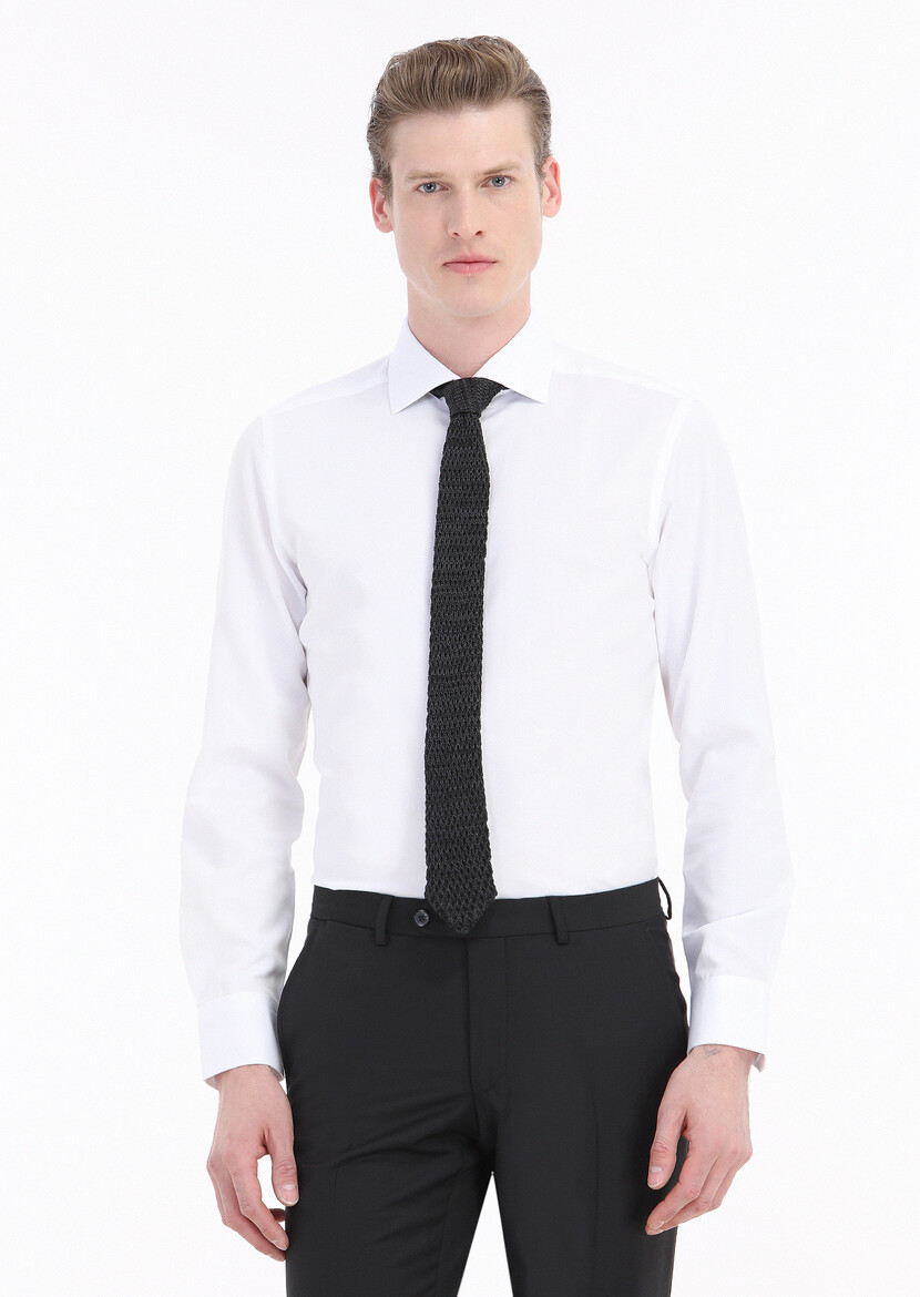 White Plain Slim Fit Weaving Classical Cotton Blended Shirt - 2