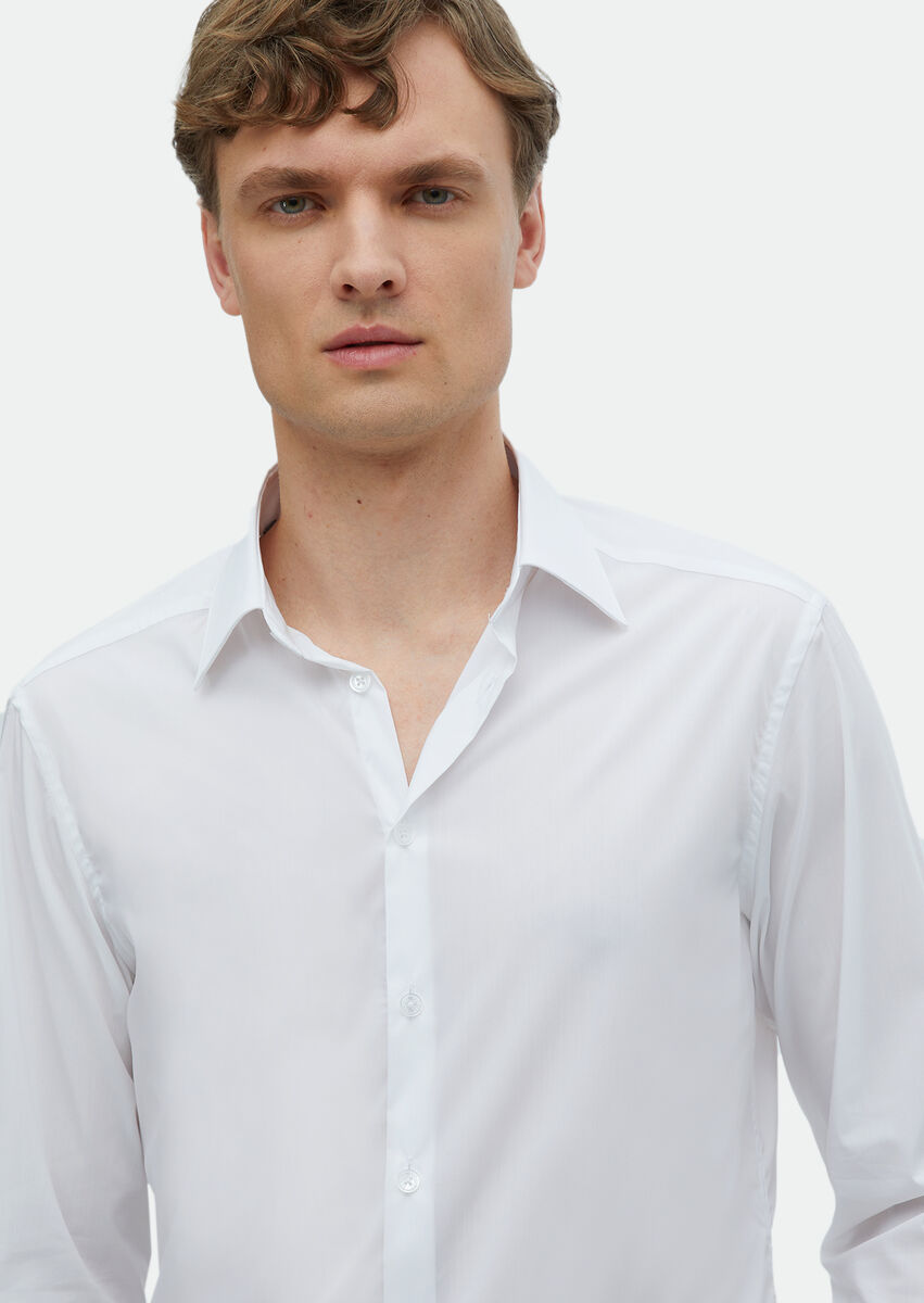 White Plain Slim Fit Weaving Classical Shirt - 4