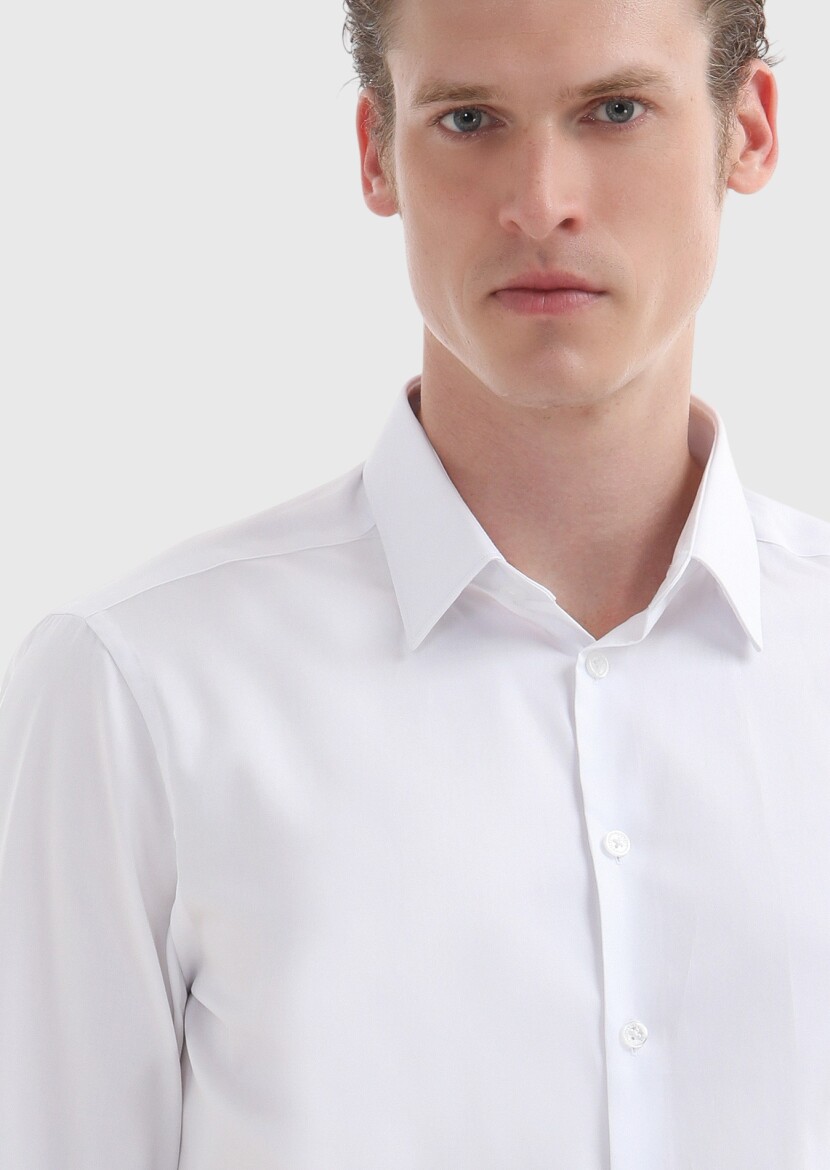 White Plain Super Slim Fit Long Weaving Classical 100% Cotton Shirt - 3