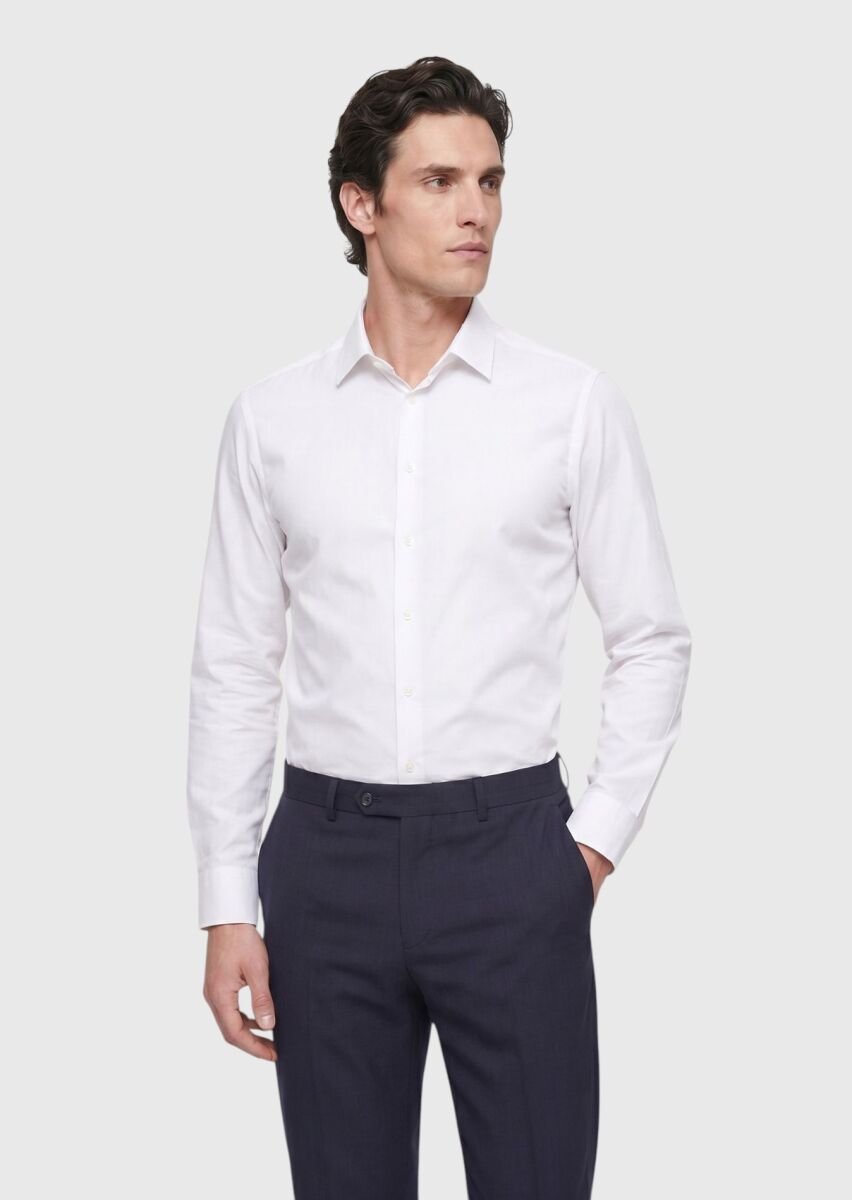 White Plain Super Slim Fit Long Weaving Classical 100% Cotton Shirt - 1