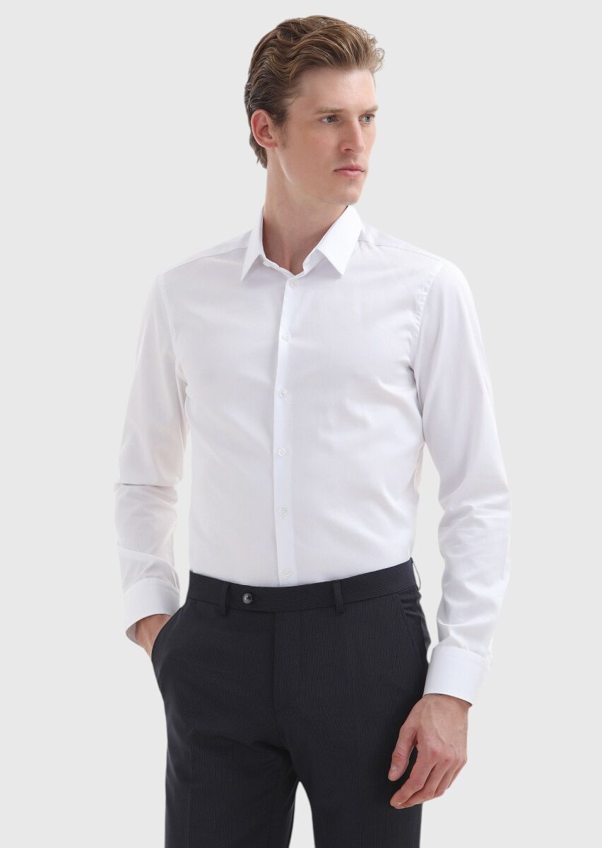 White Plain Super Slim Fit Weaving Classical 100% Cotton Shirt - 1