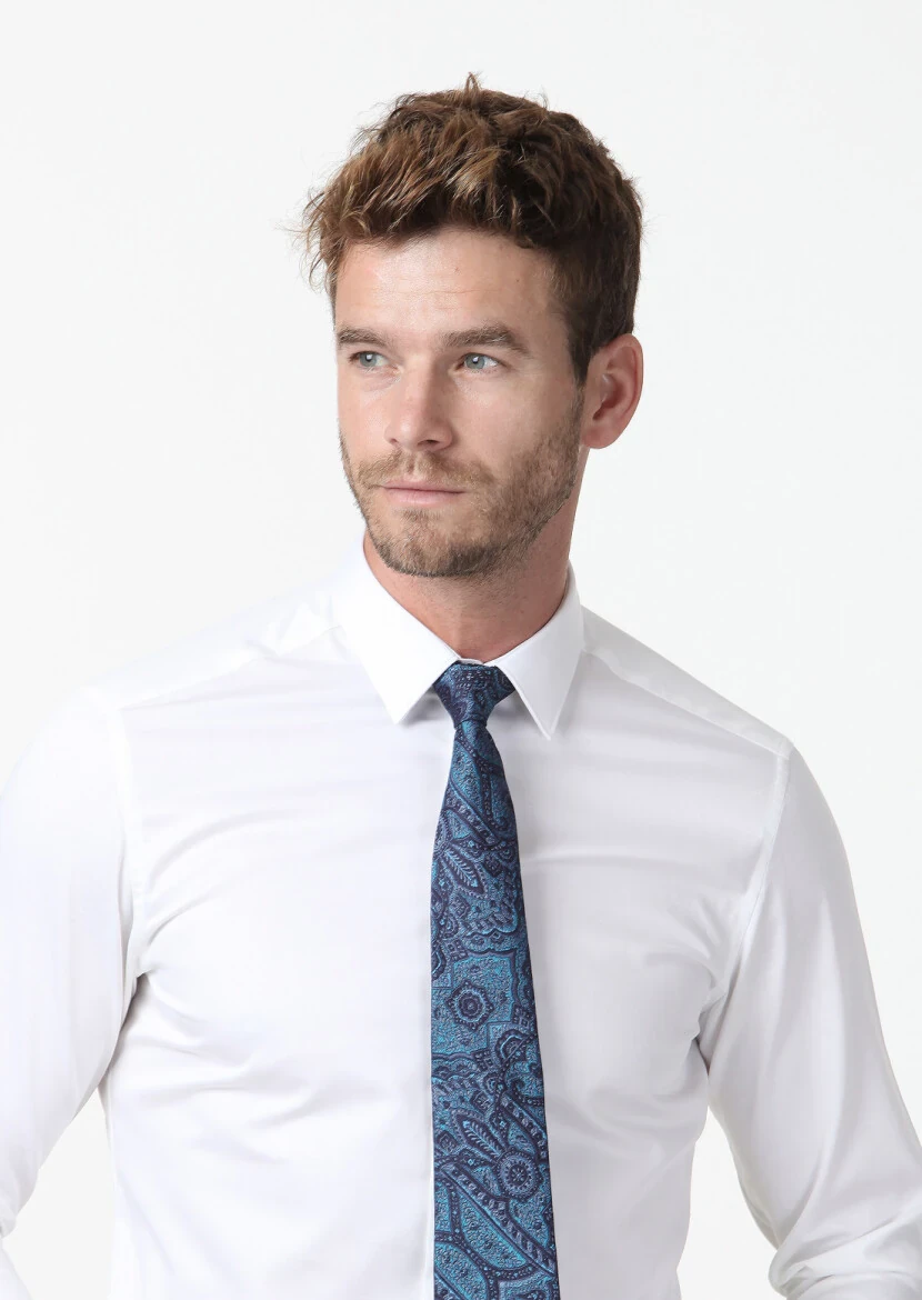 White Plain Super Slim Fit Weaving Classical 100% Cotton Shirt - 3