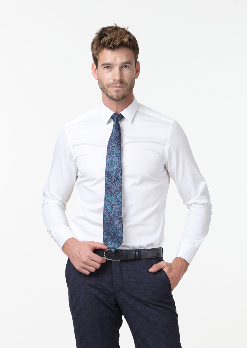 White Plain Super Slim Fit Weaving Classical 100% Cotton Shirt - 1