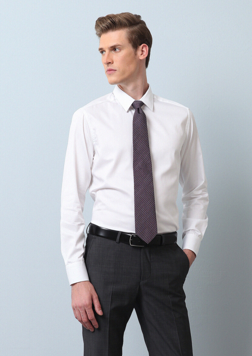 White Plain Super Slim Fit Weaving Classical 100% Cotton Shirt 