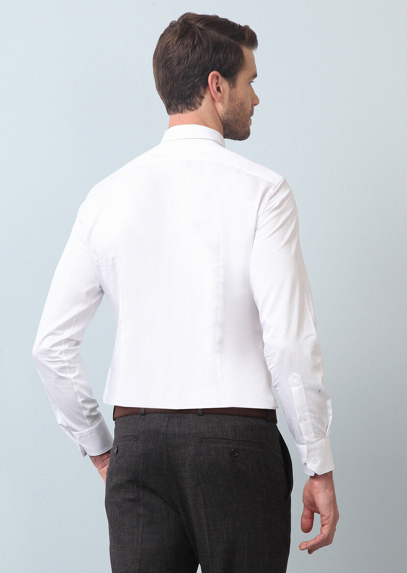 White Plain Super Slim Fit Weaving Classical 100% Cotton Shirt - 5