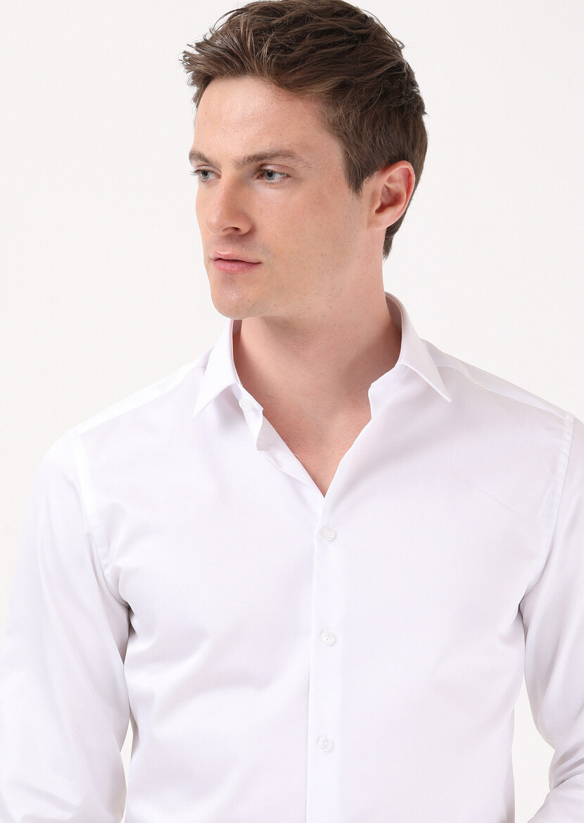 White Plain Super Slim Fit Weaving Classical 100% Cotton Shirt - 1