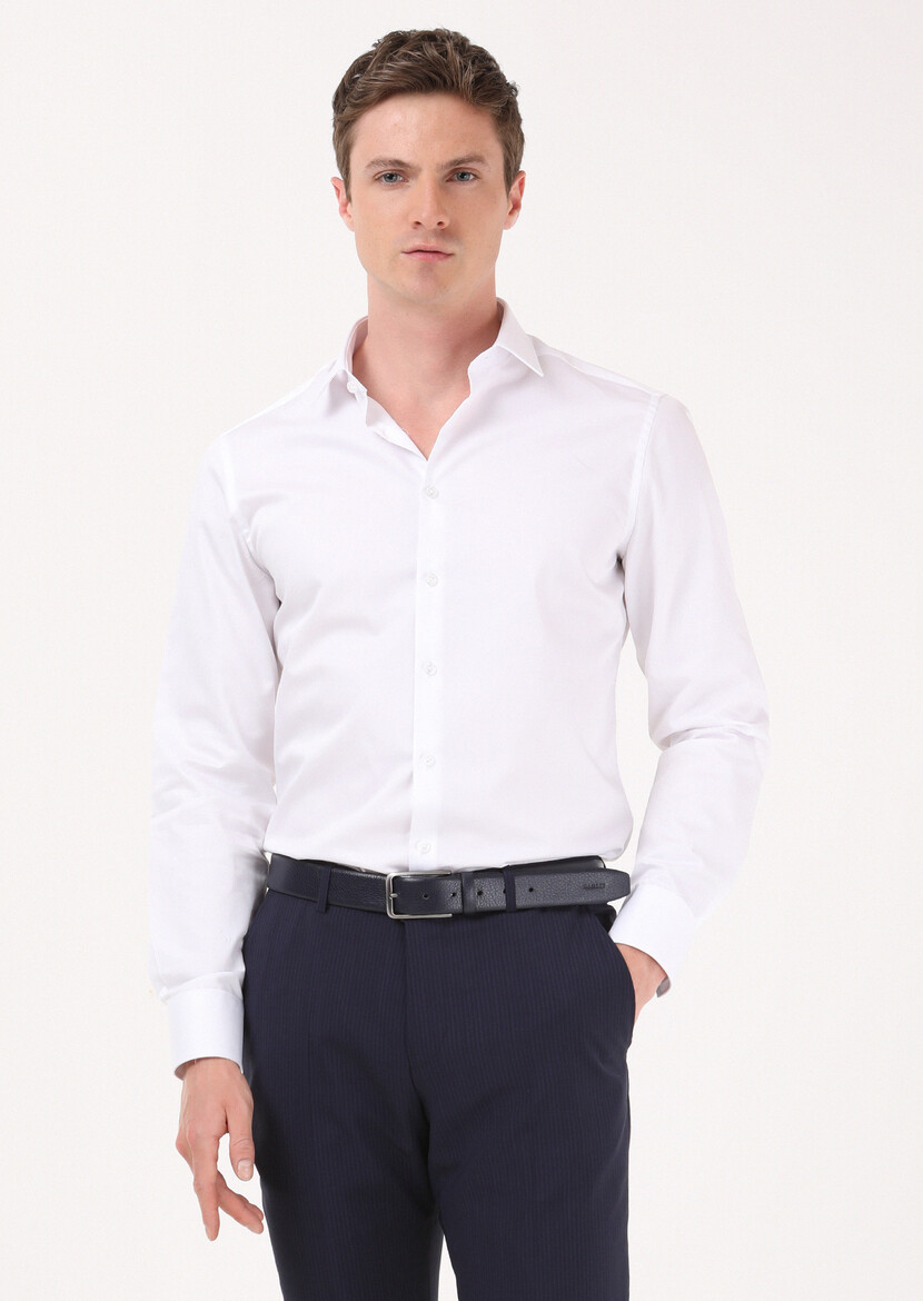 White Plain Super Slim Fit Weaving Classical 100% Cotton Shirt - 2