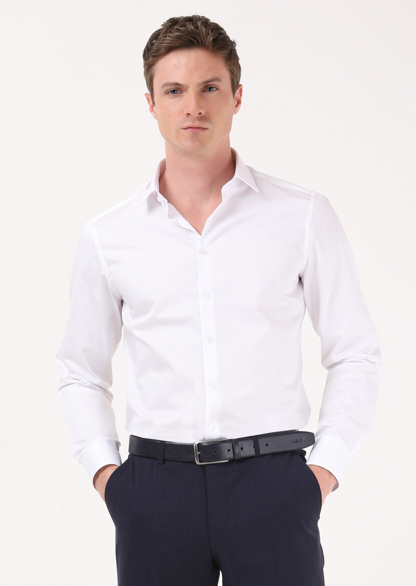 White Plain Super Slim Fit Weaving Classical 100% Cotton Shirt - 3