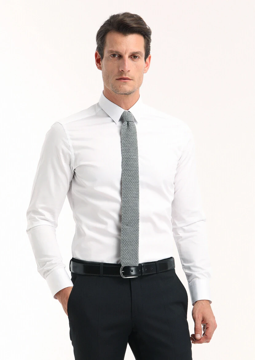 White Plain Super Slim Fit Weaving Classical 100% Cotton Shirt - RAMSEY