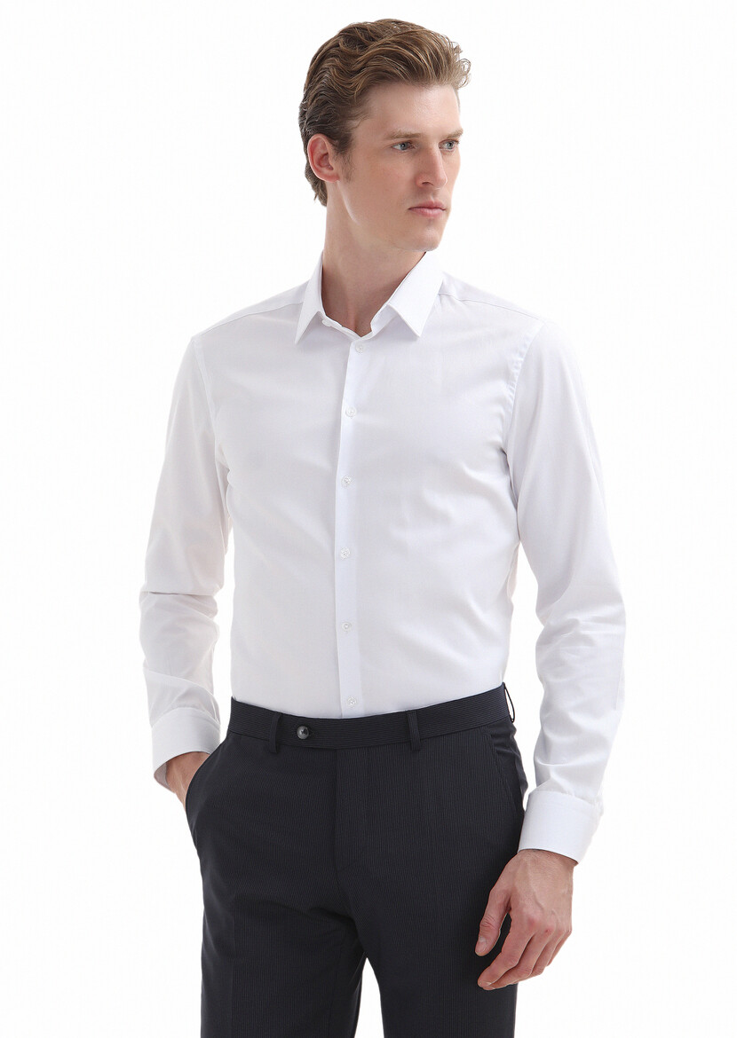 White Plain Super Slim Fit Weaving Classical 100% Cotton Shirt - 2