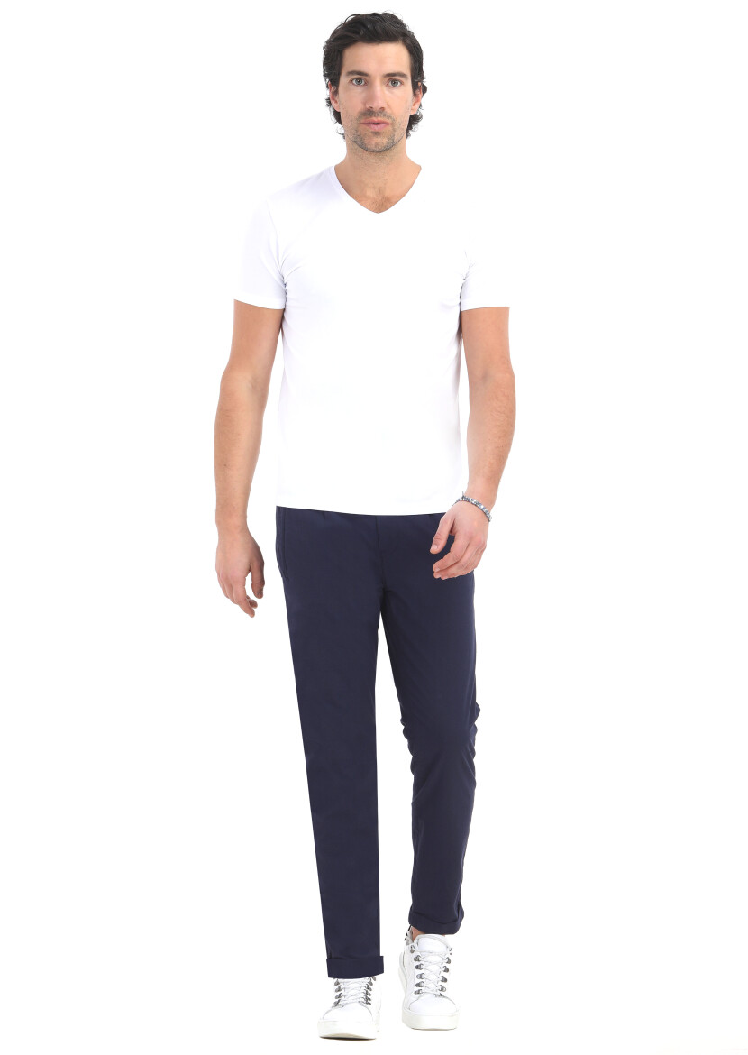 White Plain V-Neck Cotton Blended T-Shirt - RAMSEY