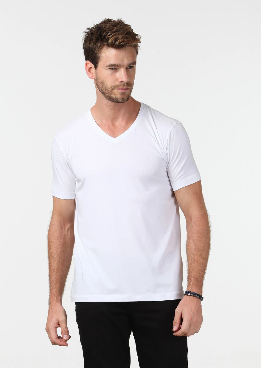 White Plain V-Neck Cotton Blended T-Shirt - 1