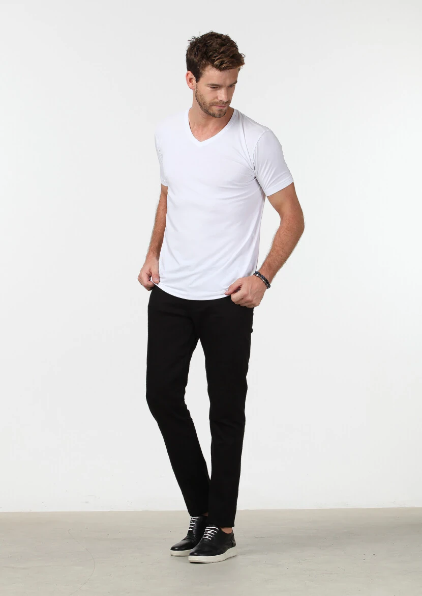 White Plain V-Neck Cotton Blended T-Shirt 