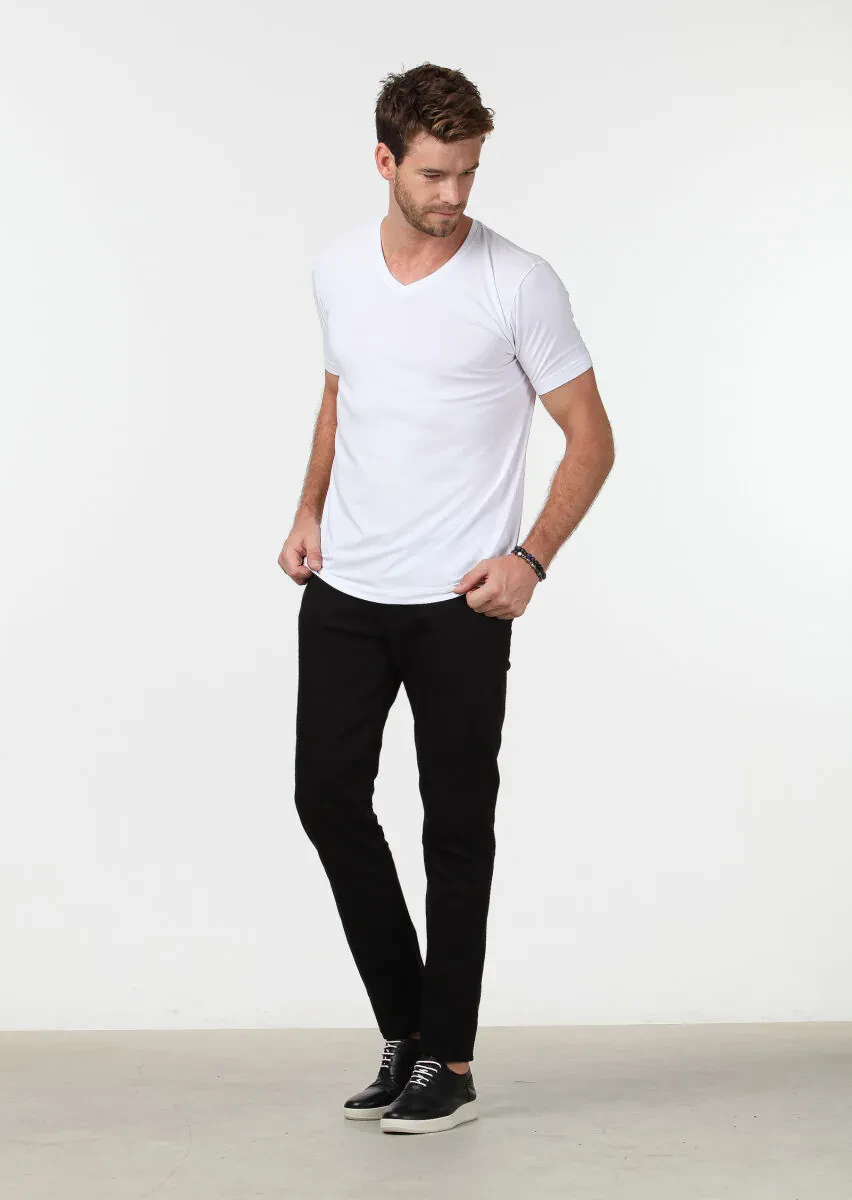 White Plain V-Neck Cotton Blended T-Shirt - 2