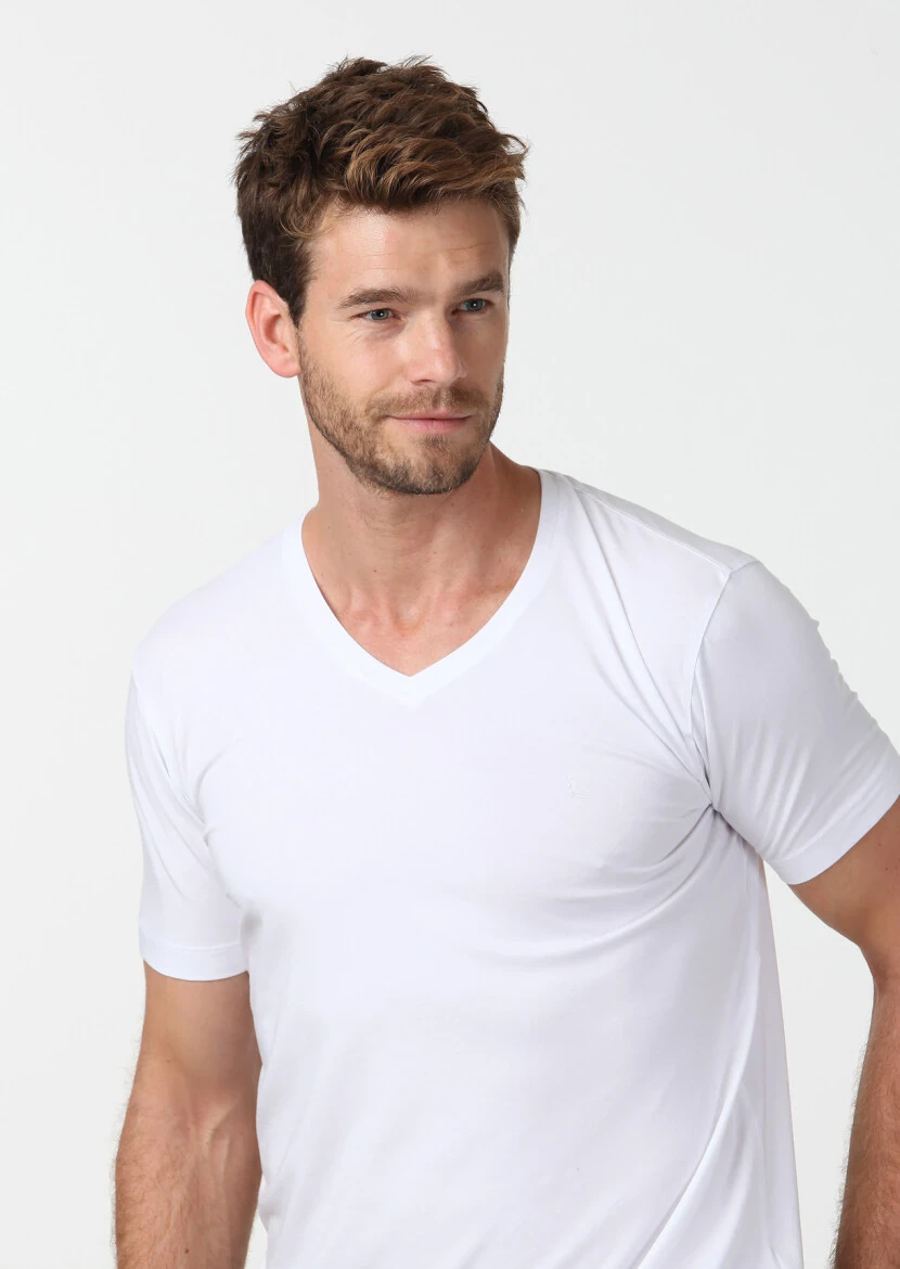 White Plain V-Neck Cotton Blended T-Shirt - 3