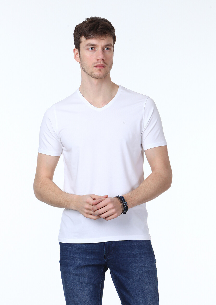 White Plain V-Neck Cotton Blended T-Shirt - 1