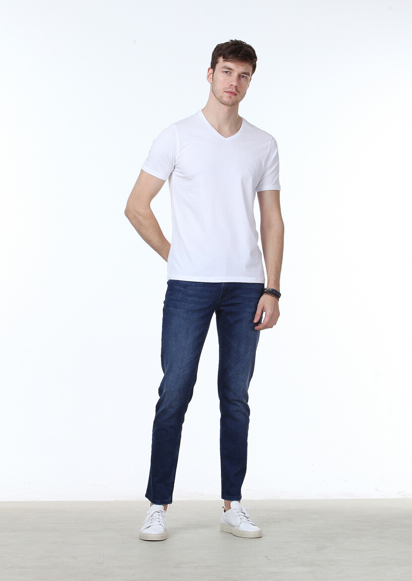 White Plain V-Neck Cotton Blended T-Shirt - 2