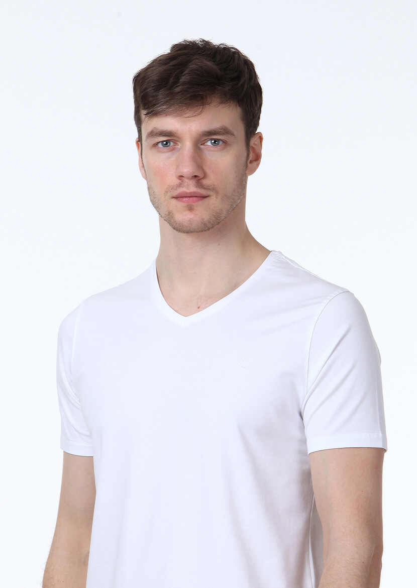 White Plain V-Neck Cotton Blended T-Shirt - 3