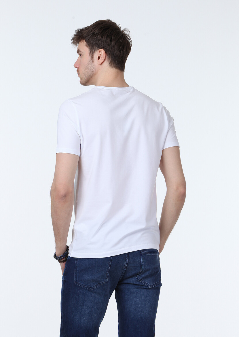 White Plain V-Neck Cotton Blended T-Shirt - 4