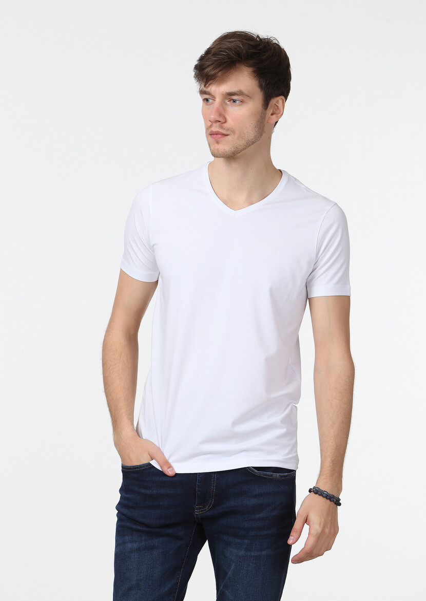 White Plain V-Neck Cotton Blended T-Shirt - 1