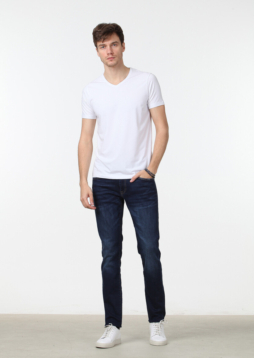 White Plain V-Neck Cotton Blended T-Shirt - 2