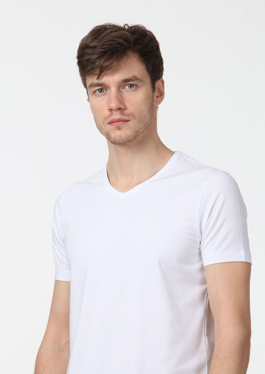 White Plain V-Neck Cotton Blended T-Shirt - 3