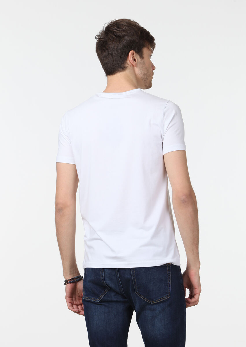 White Plain V-Neck Cotton Blended T-Shirt - 4