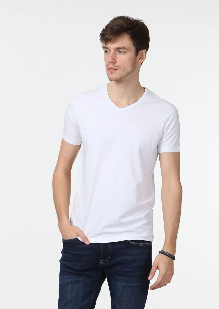 White Plain V-Neck Cotton Blended T-Shirt - 1