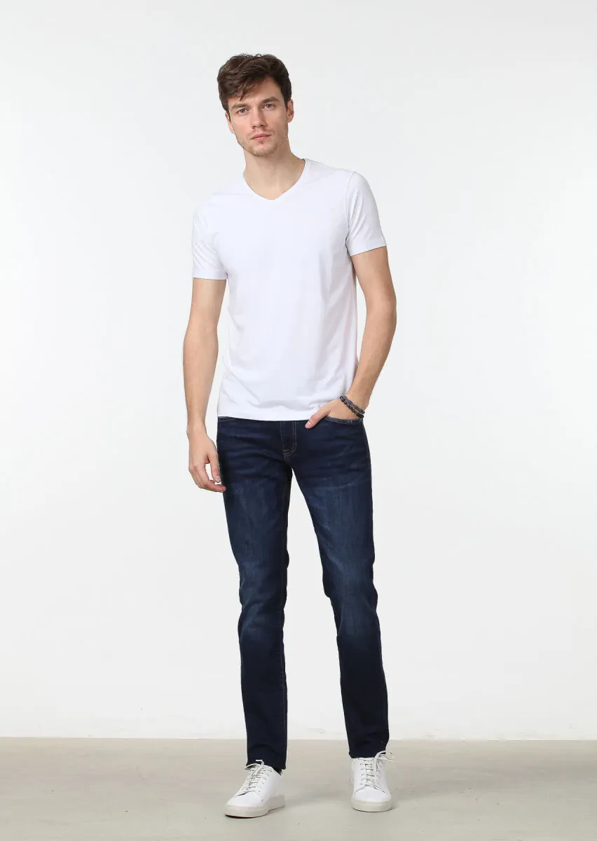 White Plain V-Neck Cotton Blended T-Shirt - 2
