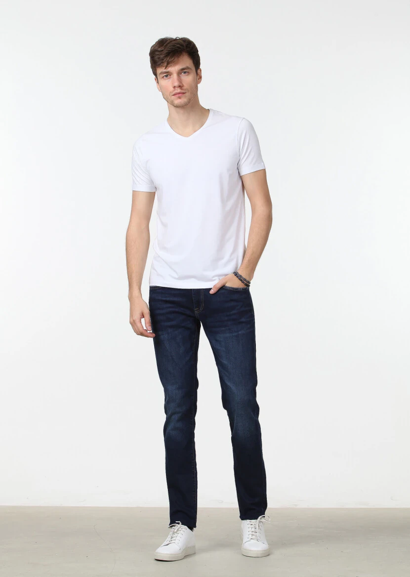 White Plain V-Neck Cotton Blended T-Shirt 