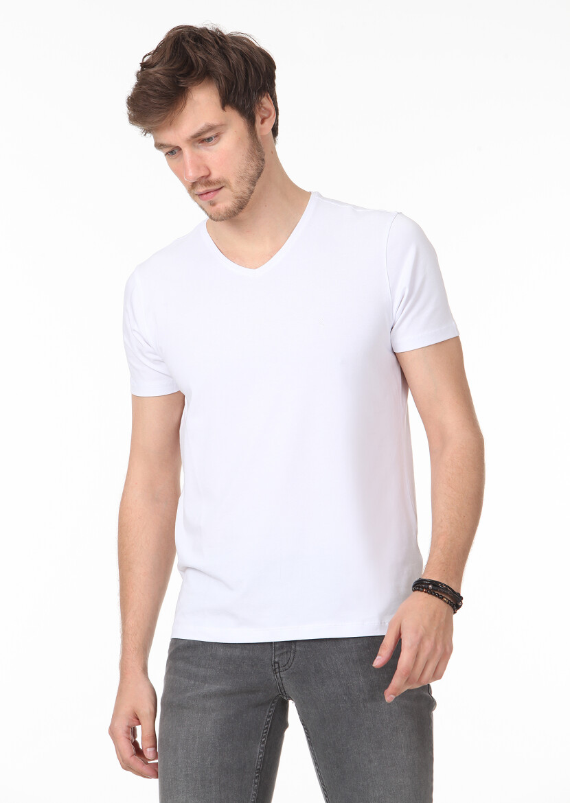 White Plain V-Neck Cotton Blended T-Shirt 