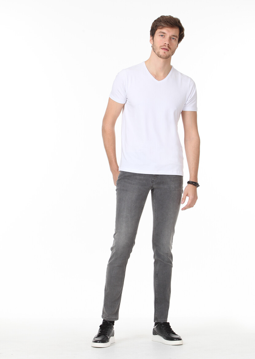 White Plain V-Neck Cotton Blended T-Shirt - 3