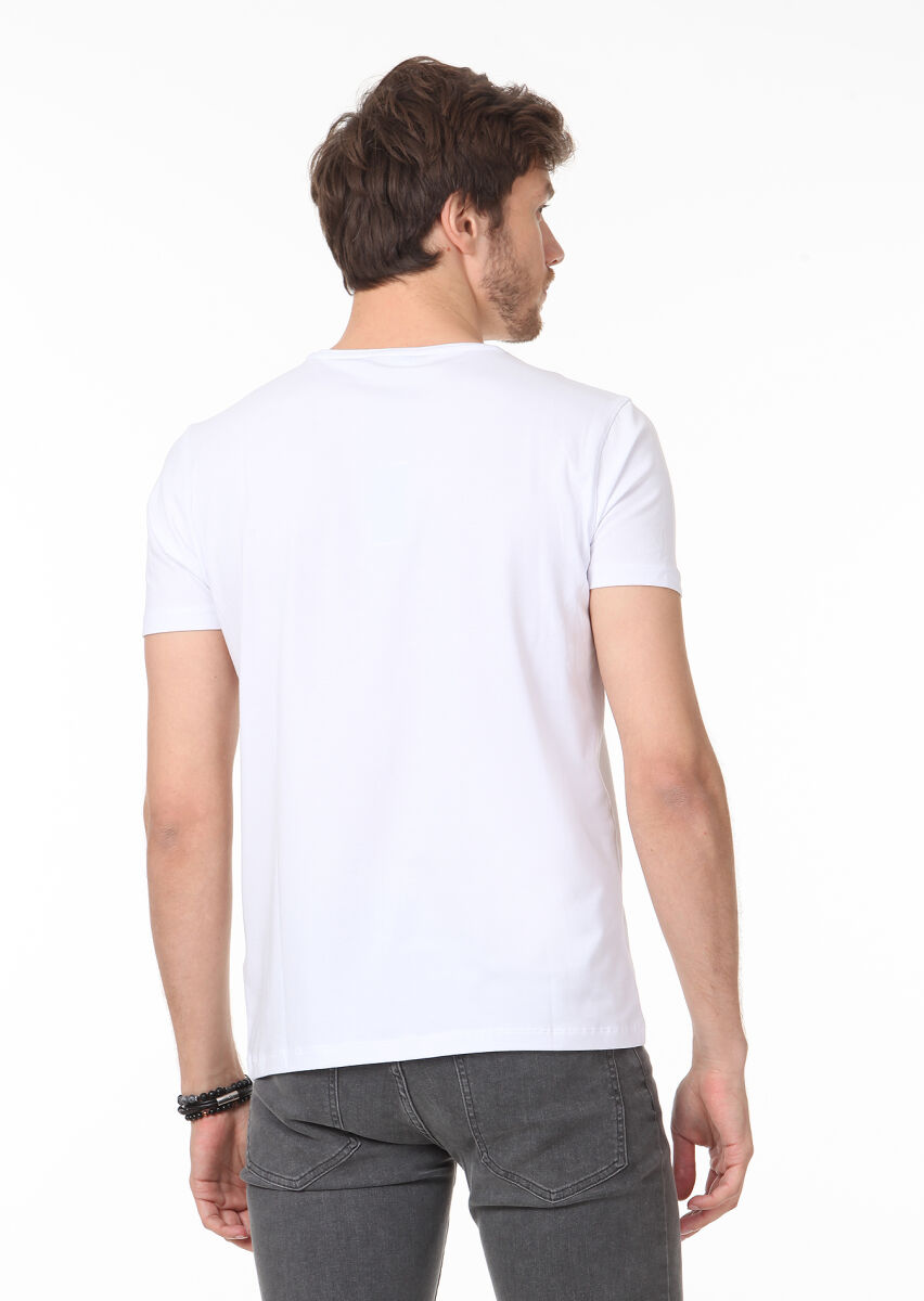 White Plain V-Neck Cotton Blended T-Shirt - 4