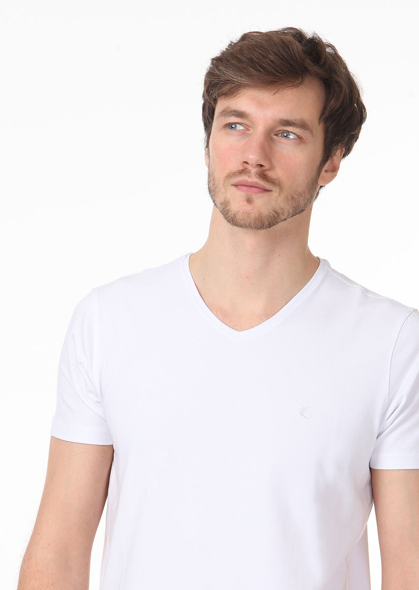 White Plain V-Neck Cotton Blended T-Shirt - 2