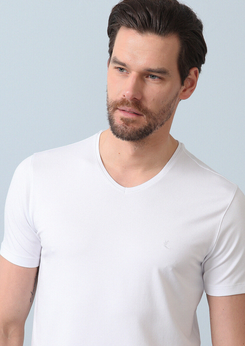 White Plain V-Neck Cotton Blended T-Shirt 