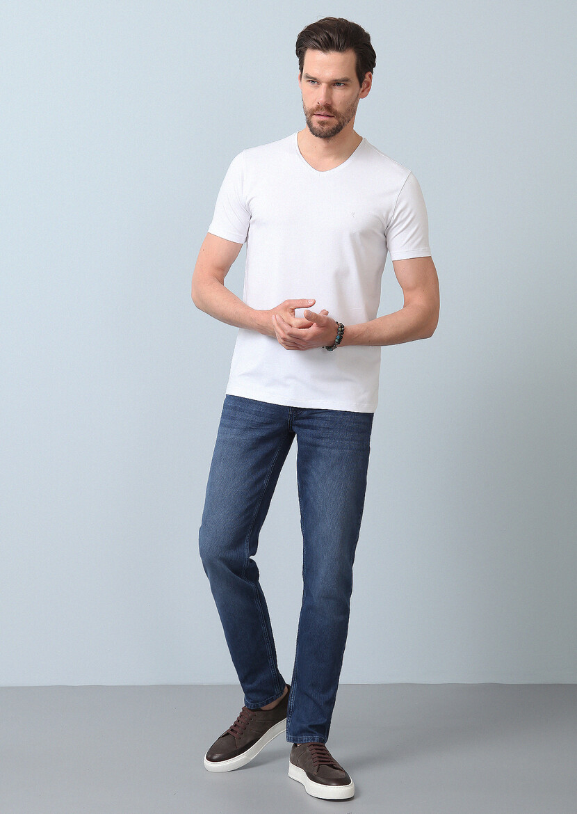 White Plain V-Neck Cotton Blended T-Shirt - 3