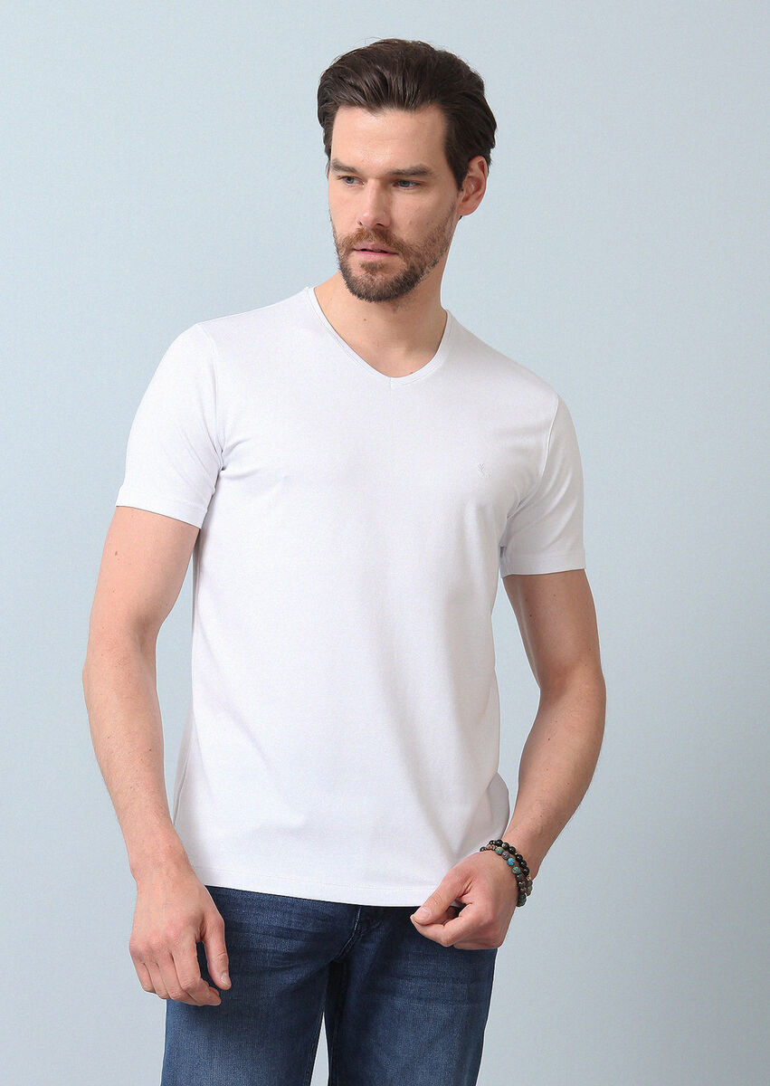 White Plain V-Neck Cotton Blended T-Shirt - 4