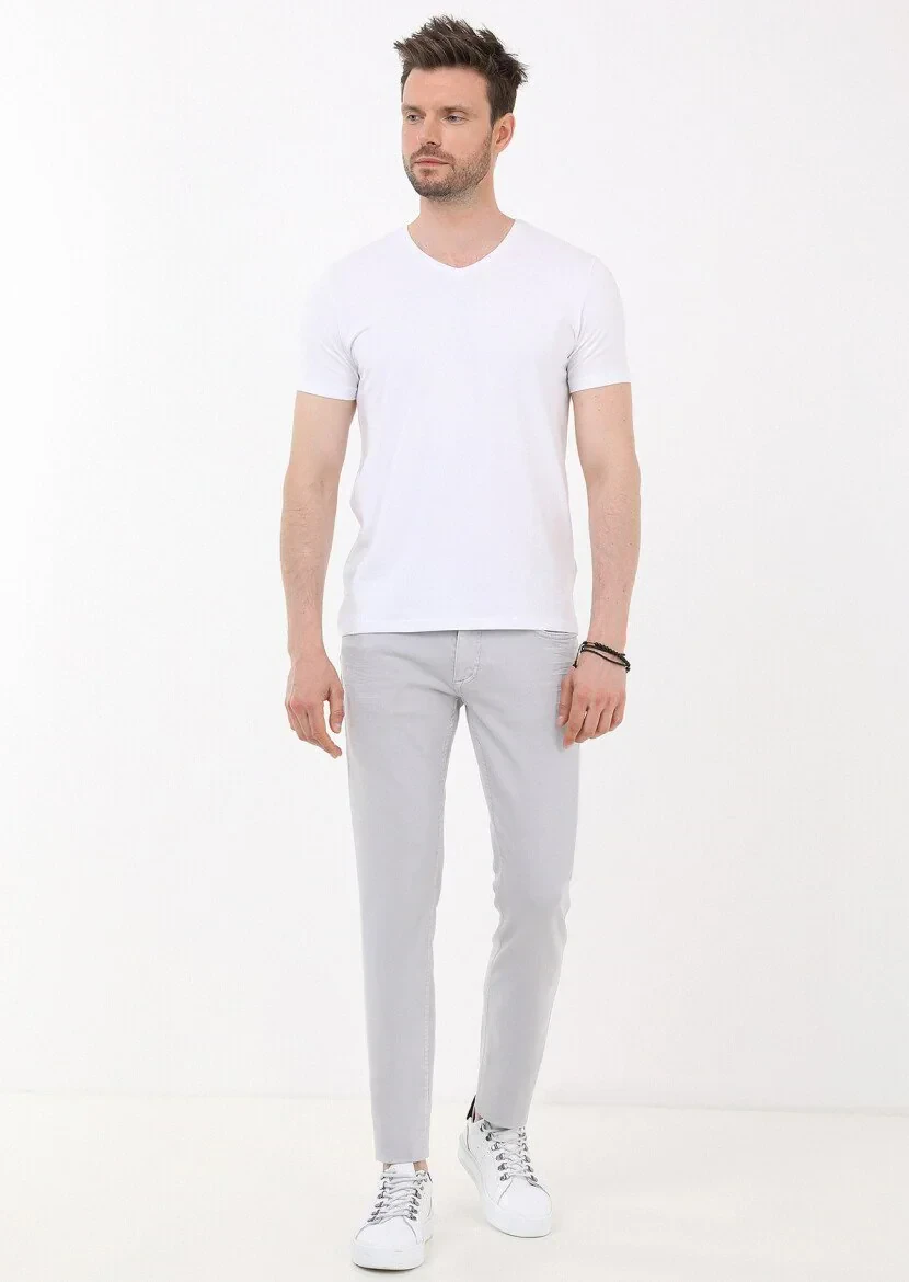 White Plain V-Neck Cotton Blended T-Shirt - 4