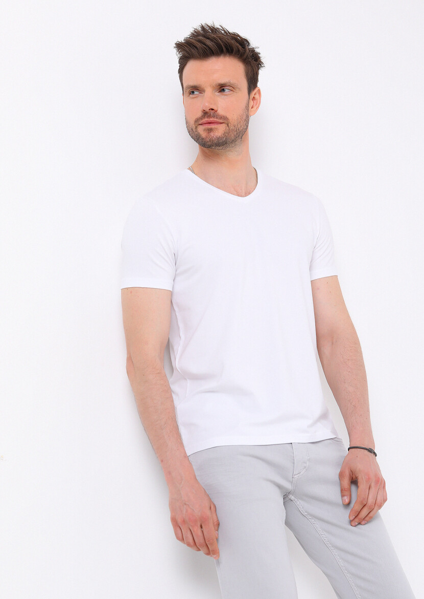 White Plain V-Neck Cotton Blended T-Shirt 