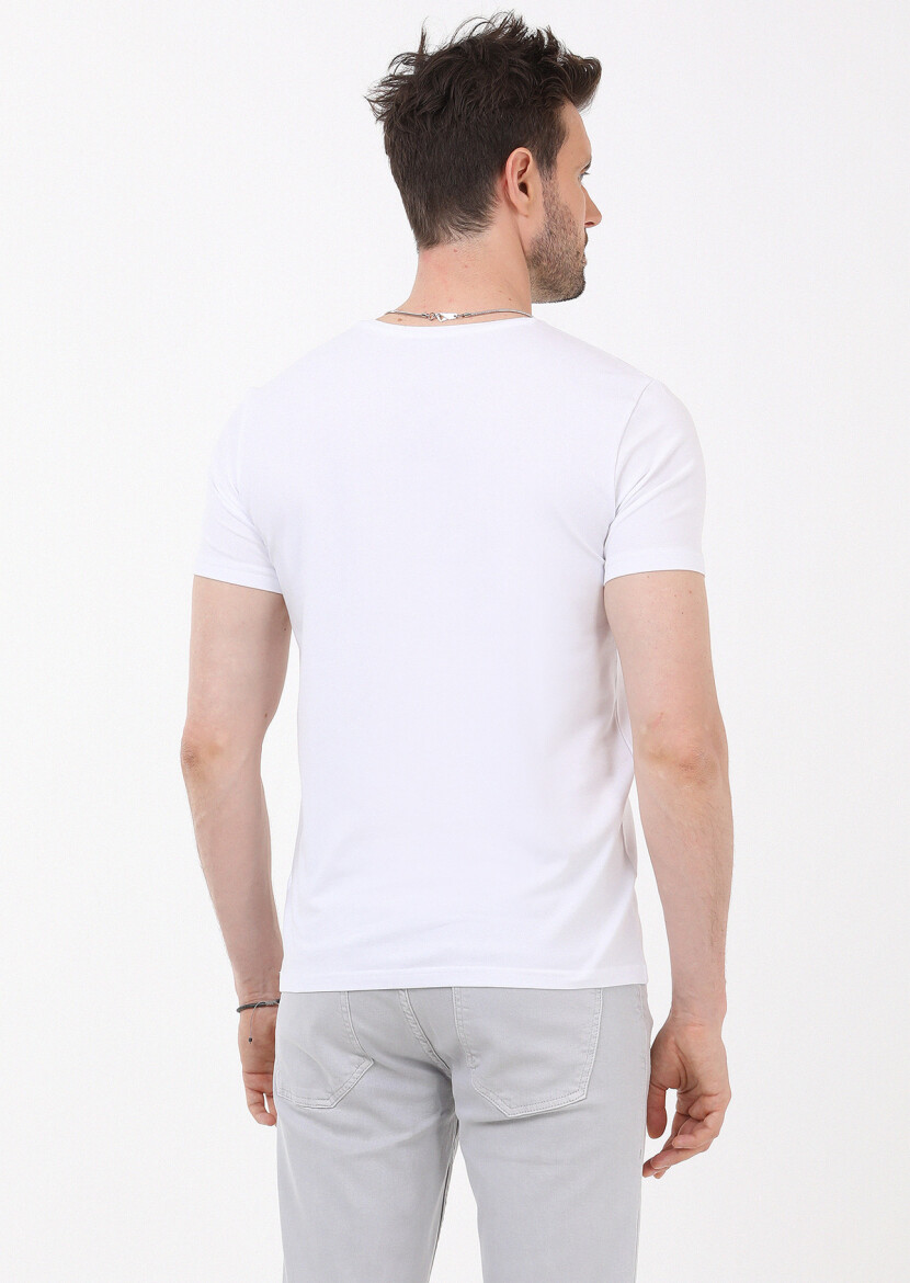 White Plain V-Neck Cotton Blended T-Shirt - 5