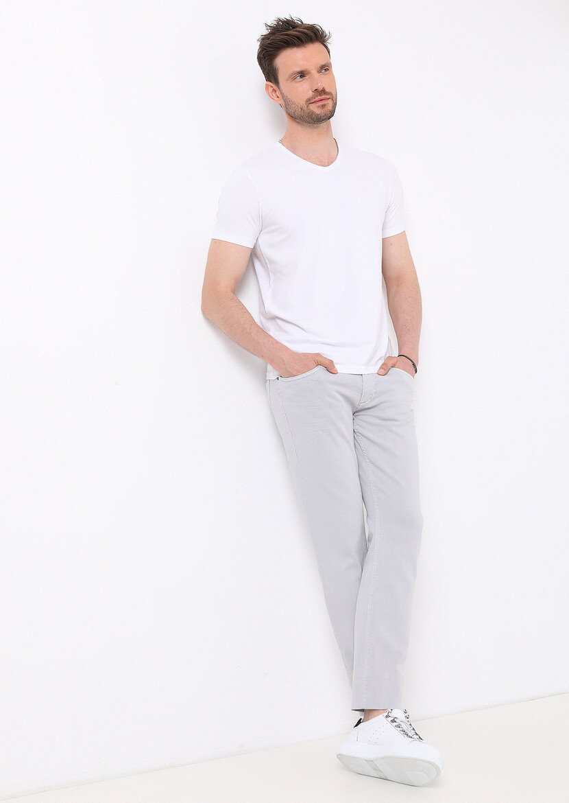 White Plain V-Neck Cotton Blended T-Shirt - 2