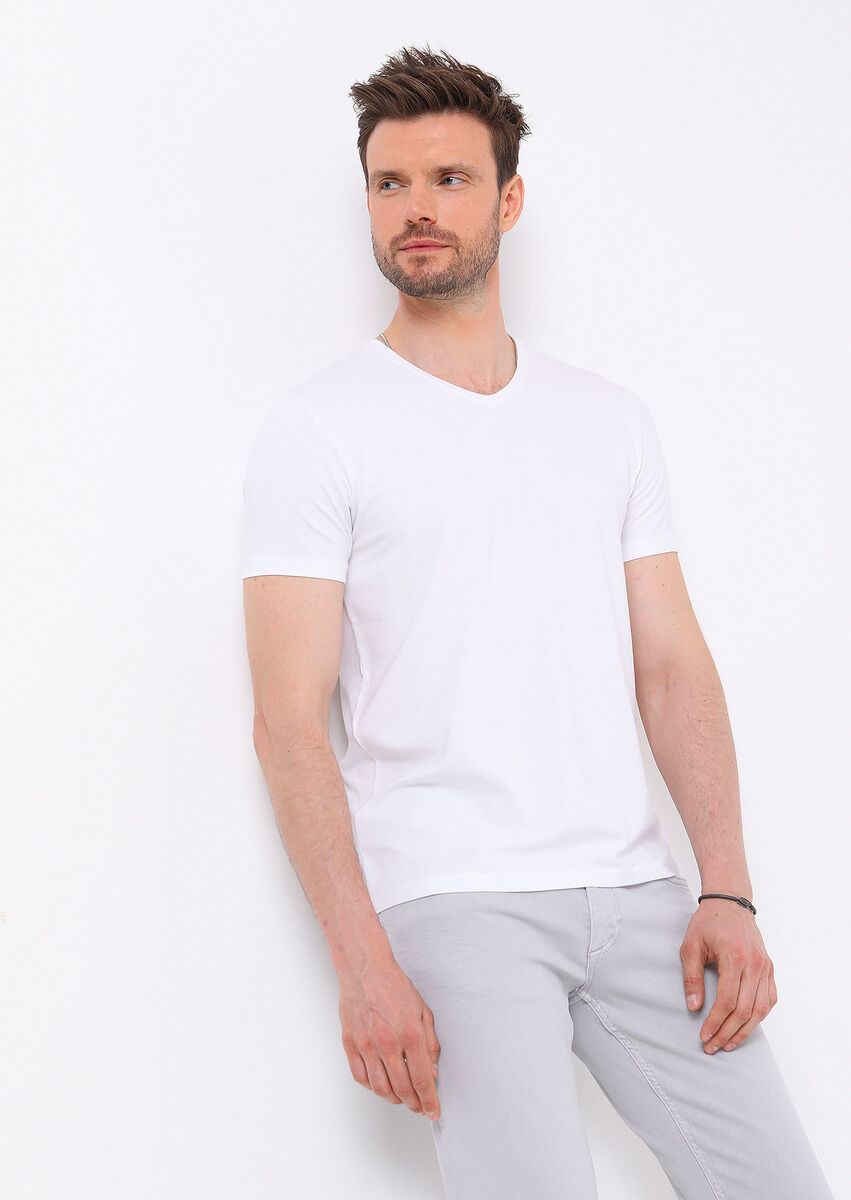 White Plain V-Neck Cotton Blended T-Shirt - 1