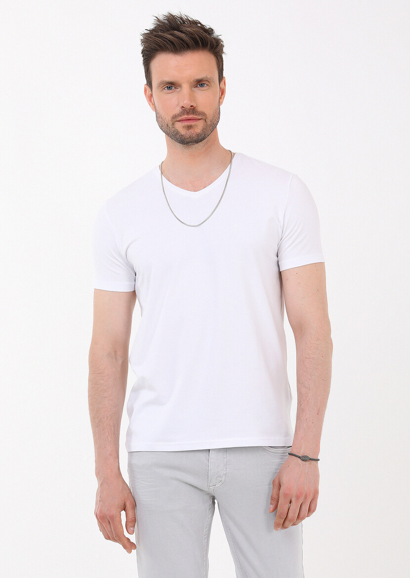 White Plain V-Neck Cotton Blended T-Shirt - 3