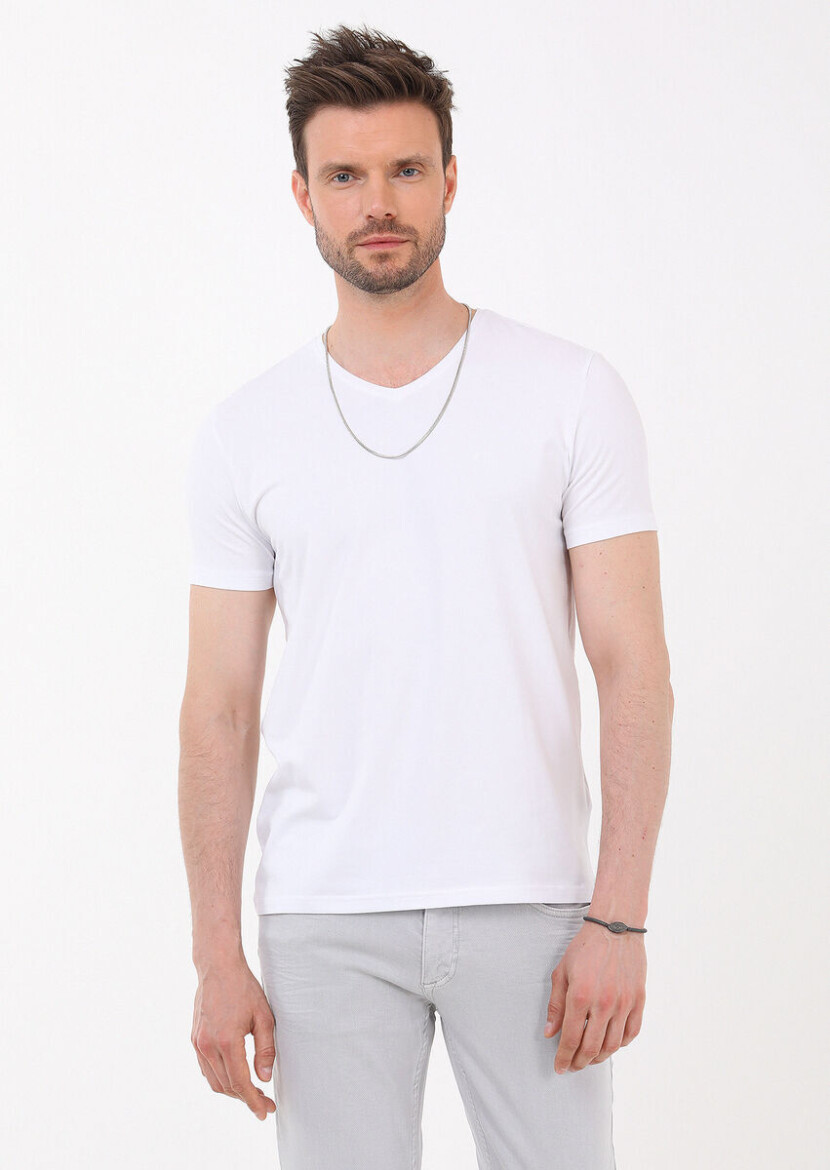 White Plain V-Neck Cotton Blended T-Shirt - 1