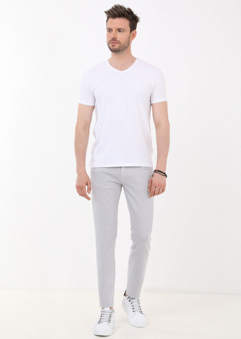 White Plain V-Neck Cotton Blended T-Shirt - 4