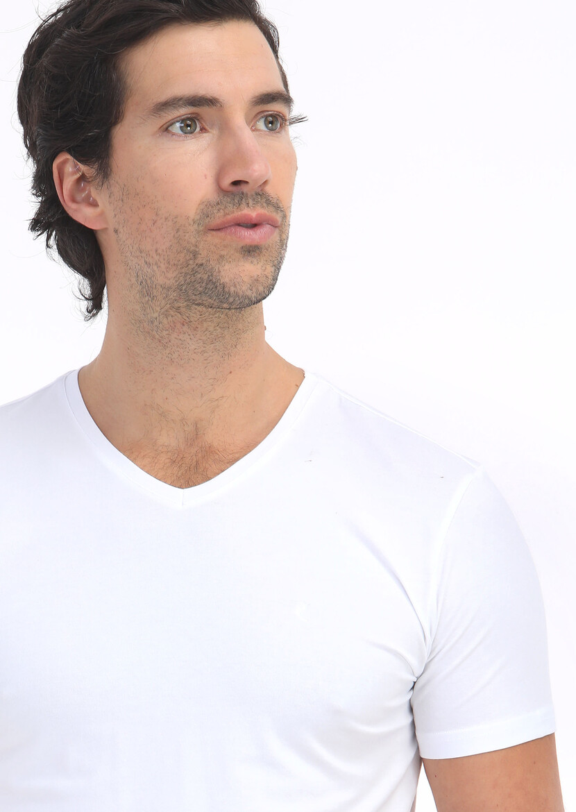 White Plain V-Neck Cotton Blended T-Shirt - 3