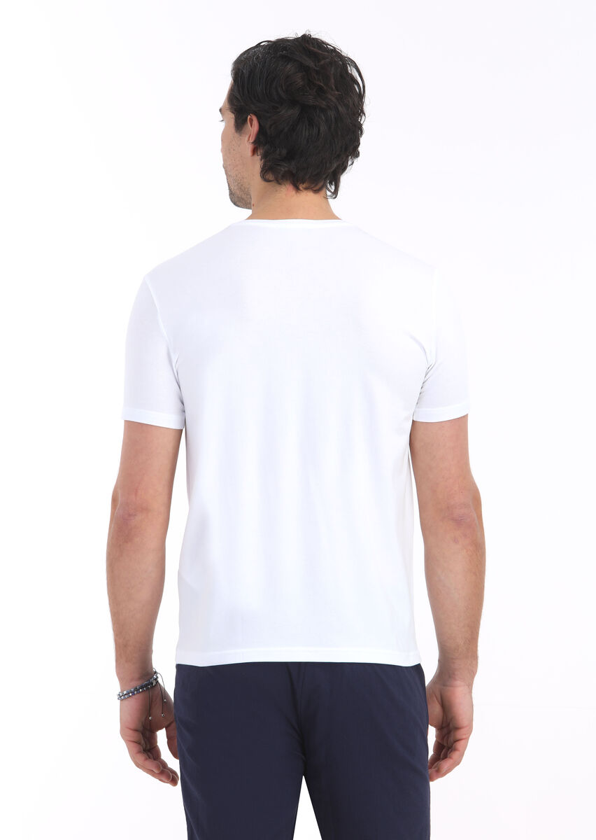 White Plain V-Neck Cotton Blended T-Shirt - 4