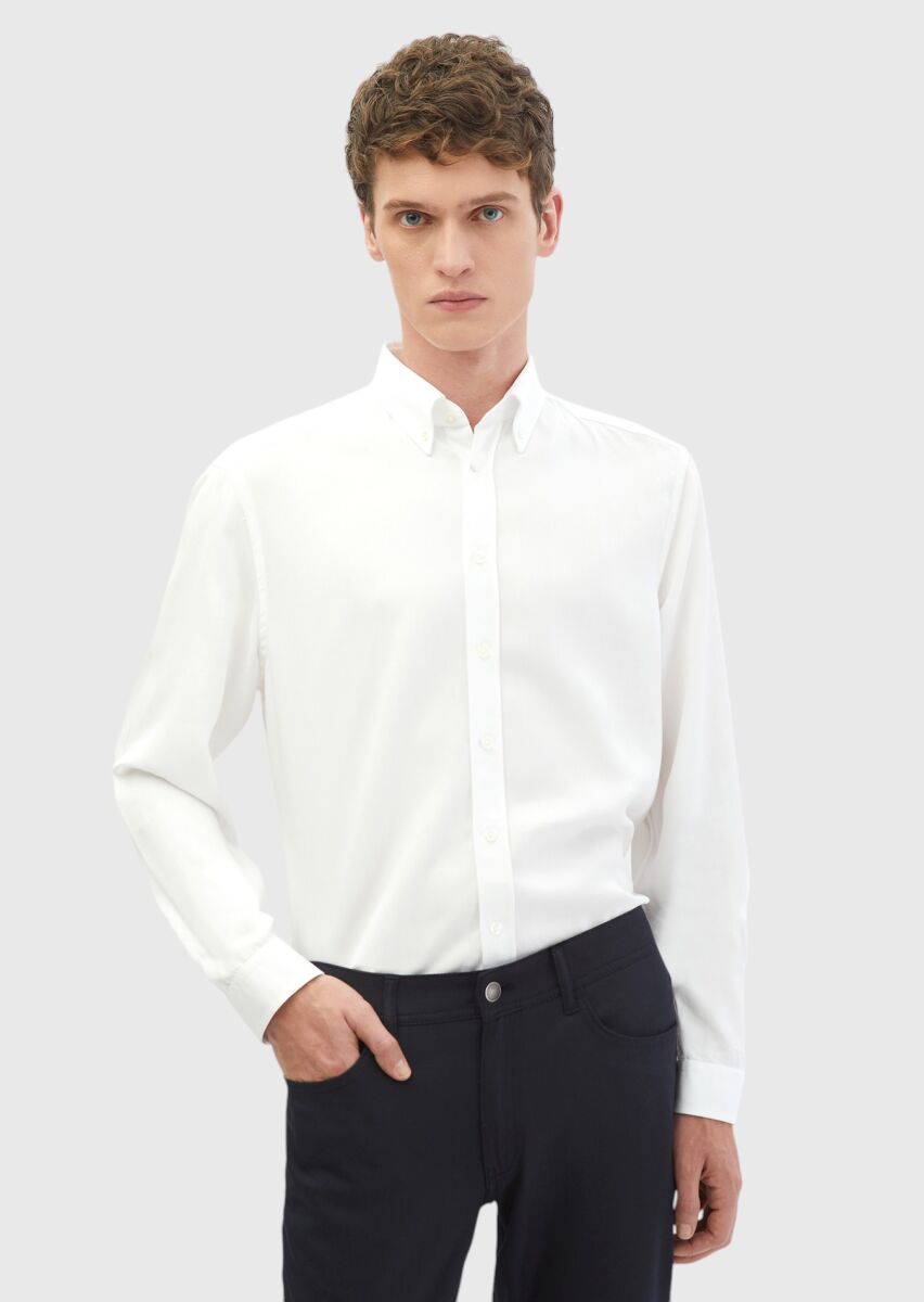 White Plain Weaving Casual Shirt - 1
