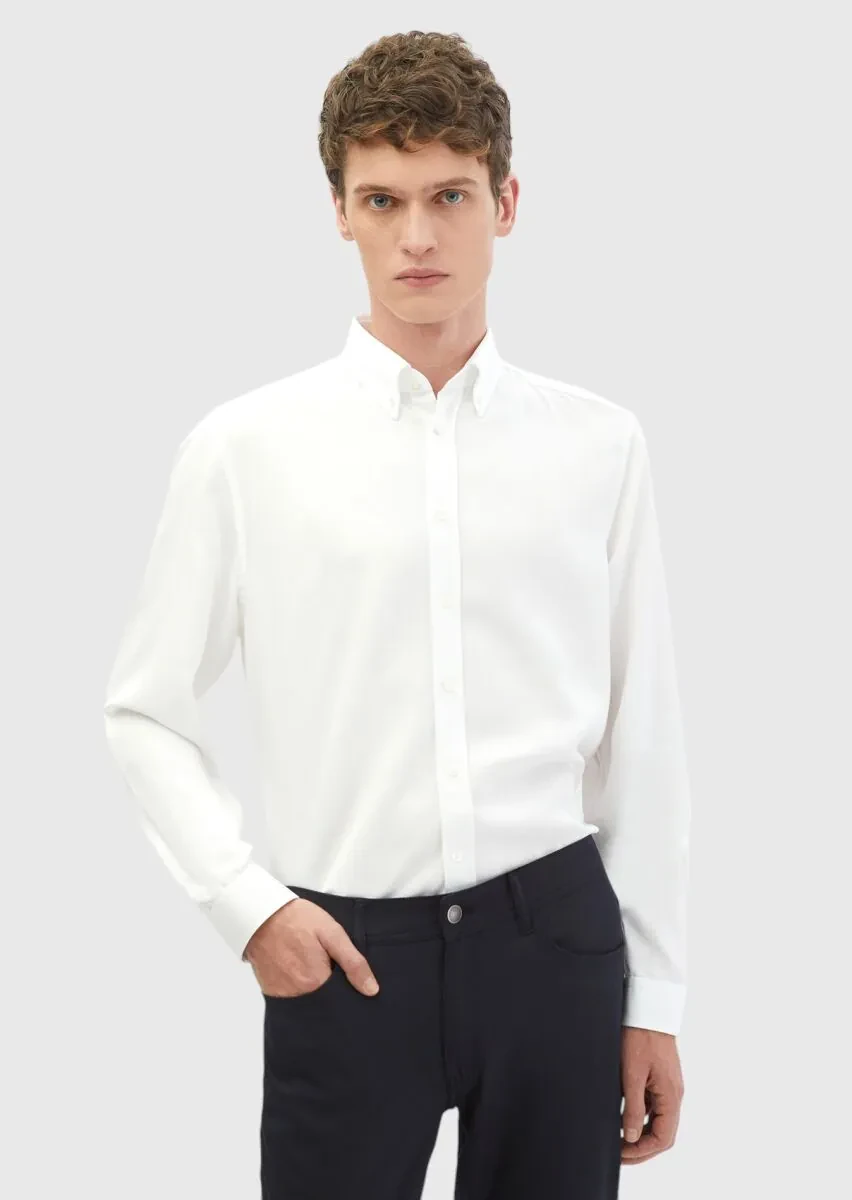 White Plain Weaving Casual Shirt - 1